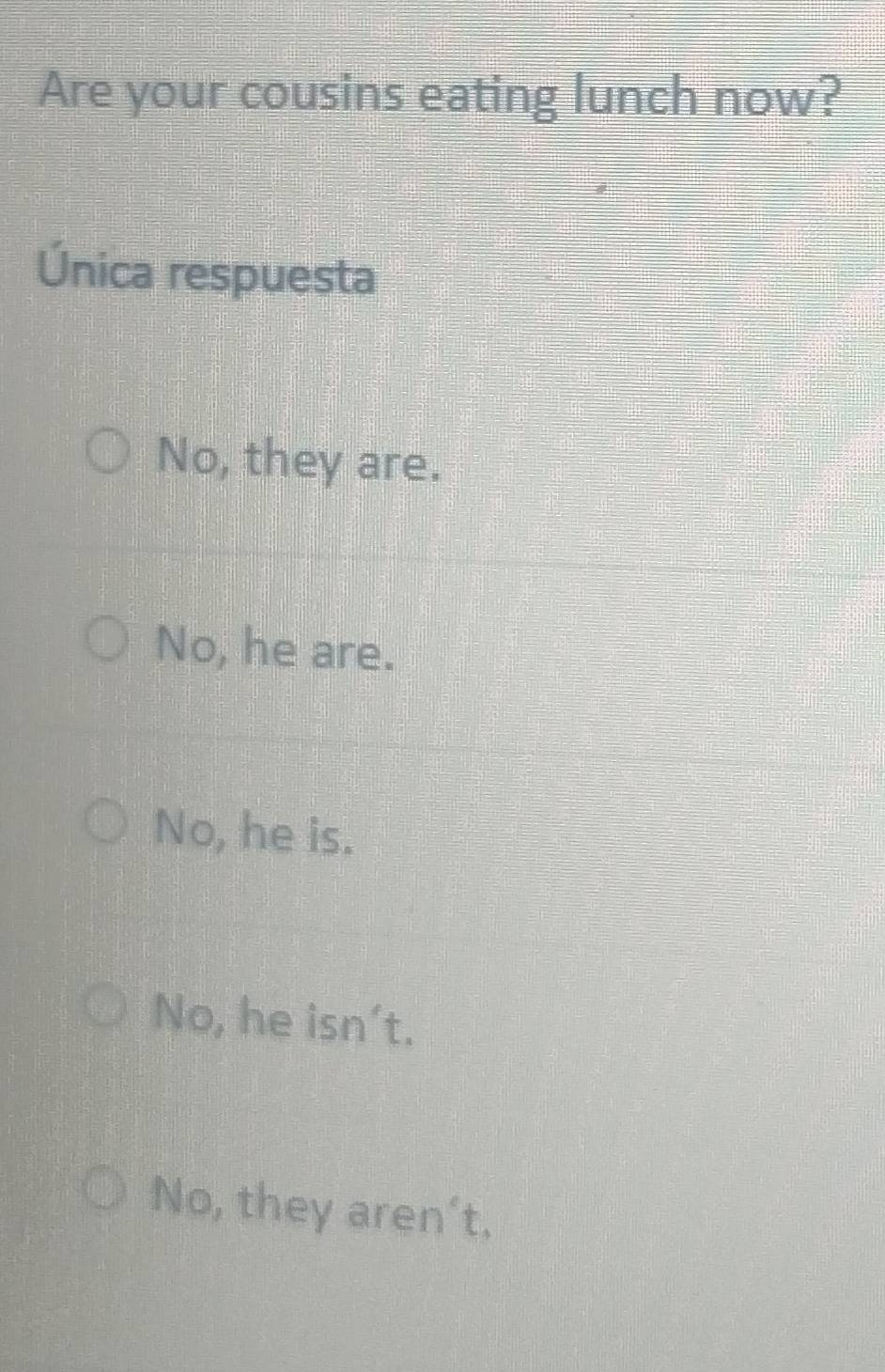 Are your cousins eating lunch now?
Única respuesta
No, they are.
No, he are.
No, he is.
No, he isn't.
No, they aren't.