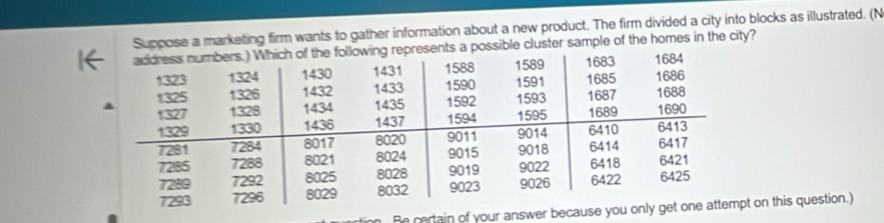 1Suppose a marketing firm wants to gather information about a new product. The firm divided a city into blocks as illustrated. (N 
possible cluster sample of the homes in the city? 
Be certain of your answer b on this question.)