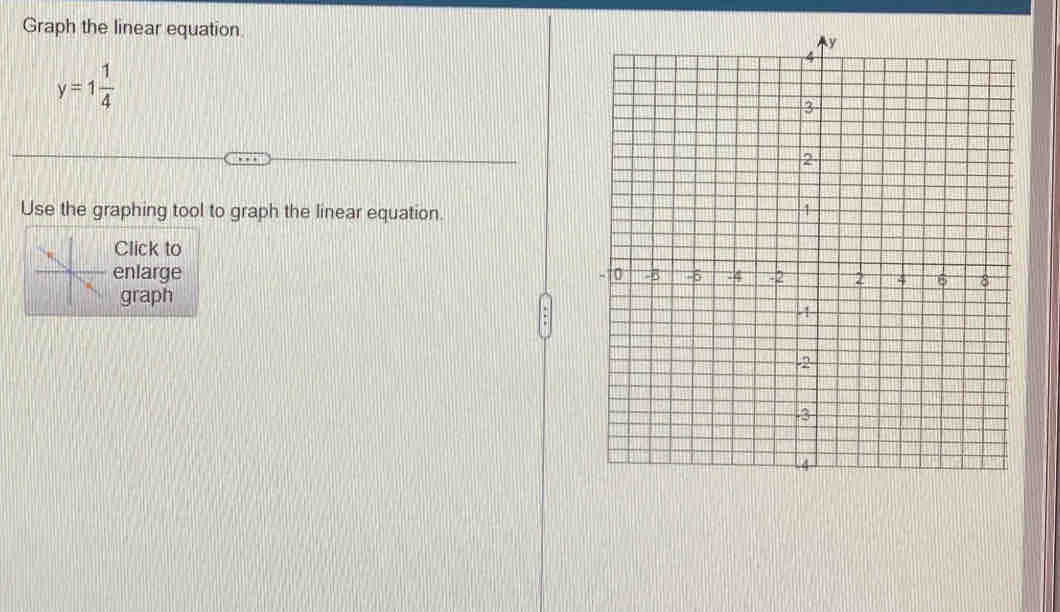 Graph the linear equation.
y=1 1/4 
Use the graphing tool to graph the linear equation. 
Click to 
enlarge 
graph