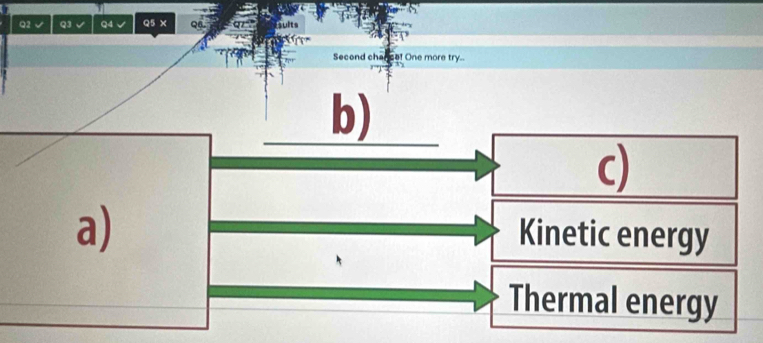 Q2 √ Q3 √ Q4 √ Q5 x Q6
Second chance! One more try.
b)
c)
a)
Kinetic energy
Thermal energy