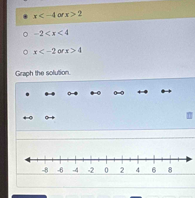 x or x>2
-2
x or x>4
Graph the solution. 
0 
。 
a