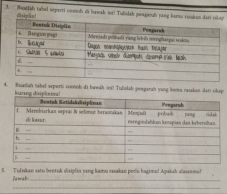 Buatlah tabel seperti contoh di bawah ini! Tulislah pengaruh yang kamu r 
disiplin! 
4. Buatlah tabel seperti contoh di bawah ini! Tulislah pengaruh yang kamu rasakan dari sikap 
kurang disip 
5. Tuliskan satu bentuk disiplin yang kamu rasakan perlu bagimu! Apakah alasanmu? 
Jawab:_ 
_