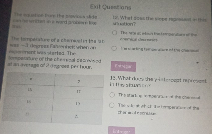 Exit Questions
The equation from the previous slide 12. What does the slope represent in this
can be written in a word problem like situation?
this: The rate at which the temperature of the
The temperature of a chemical in the lab chemical decreases
was -3 degrees Fahrenheit when an The starting temperature of the chemical
experiment was started. The
temperature of the chemical decreased
at an average of 2 degrees per hour. Entregar
What does the y-intercept represent
this situation?
The starting temperature of the chemical
The rate at which the temperature of the
chemical decreases
Entregar