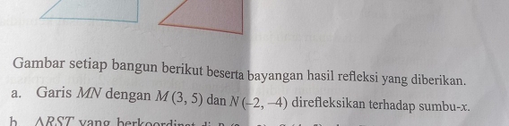 Gambar setiap bangun berikut beserta bayangan hasil refleksi yang diberikan. 
a. Garis MN dengan M(3,5) dan N(-2,-4) direfleksikan terhadap sumbu- x. 
h △ RST