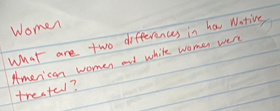 Women 
What are two differences in has Wativg 
American women and white womer were 
treated?