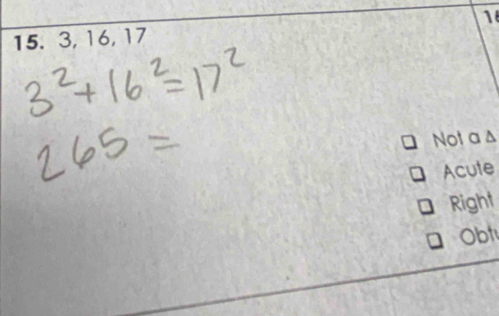 1
15. 3, 16, 17
Not a Δ
Acute
Right
Obt