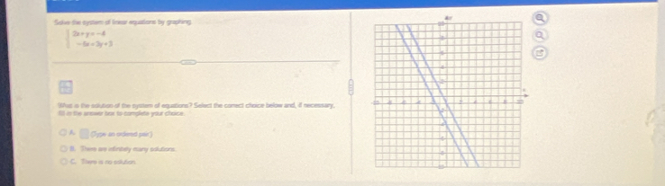 Sake the cystem of linear equations by graphing
beginarrayl 2x+y=-4 -5x+3y+3endarray.
Whis is the solution of the system of equations? Select the comect choice below and, if necessary.
in the anower bor to complete your choice.
A □ (Type an ordlered pair)
B. There are intinbey many solutions
C. There is no oslution.