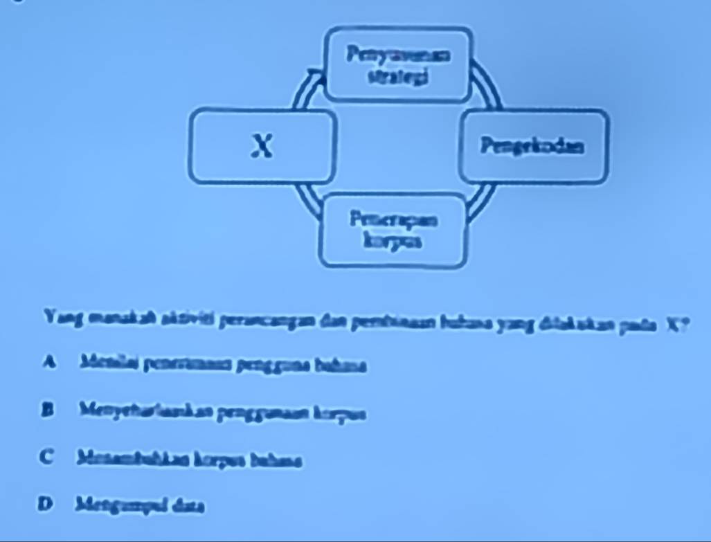 Peryavnun
strategi
X Pengekodan
Pencrapon
koryes
Yang manakah aktiviti perancangan dan pertunaan hukana yang diakakan pada X?
A Menilai penerunaan pengguna bahasa
B Menyetartankan pençgunaon horpus
C Mesambuhkan korpus bahase
D Mengampul data