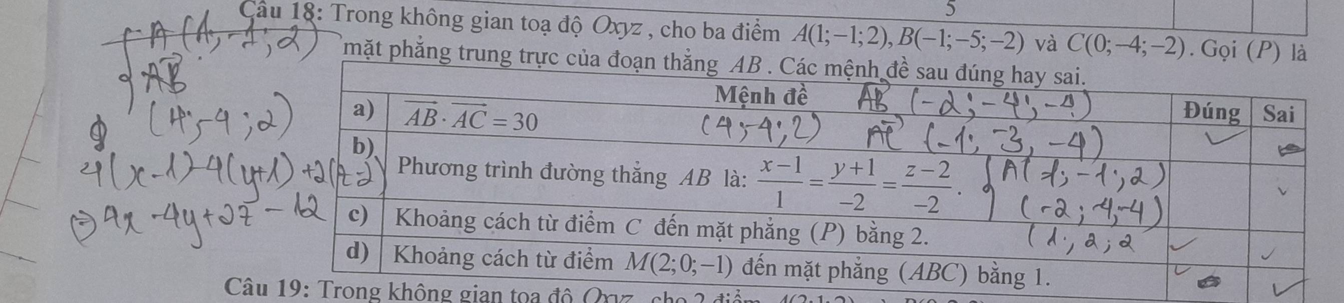 Trong không gian toạ độ Oxyz , cho ba điểm A(1;-1;2),B(-1;-5;-2) và C(0;-4;-2).  Gọi (P) là
mặt phẳng trung trực của đoạn t
Câng không gian toa độ Qrvz , cho 2