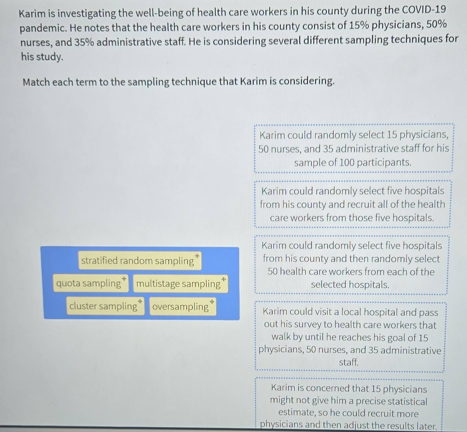 Solved: Karim is investigating the well-being of health care workers in ...