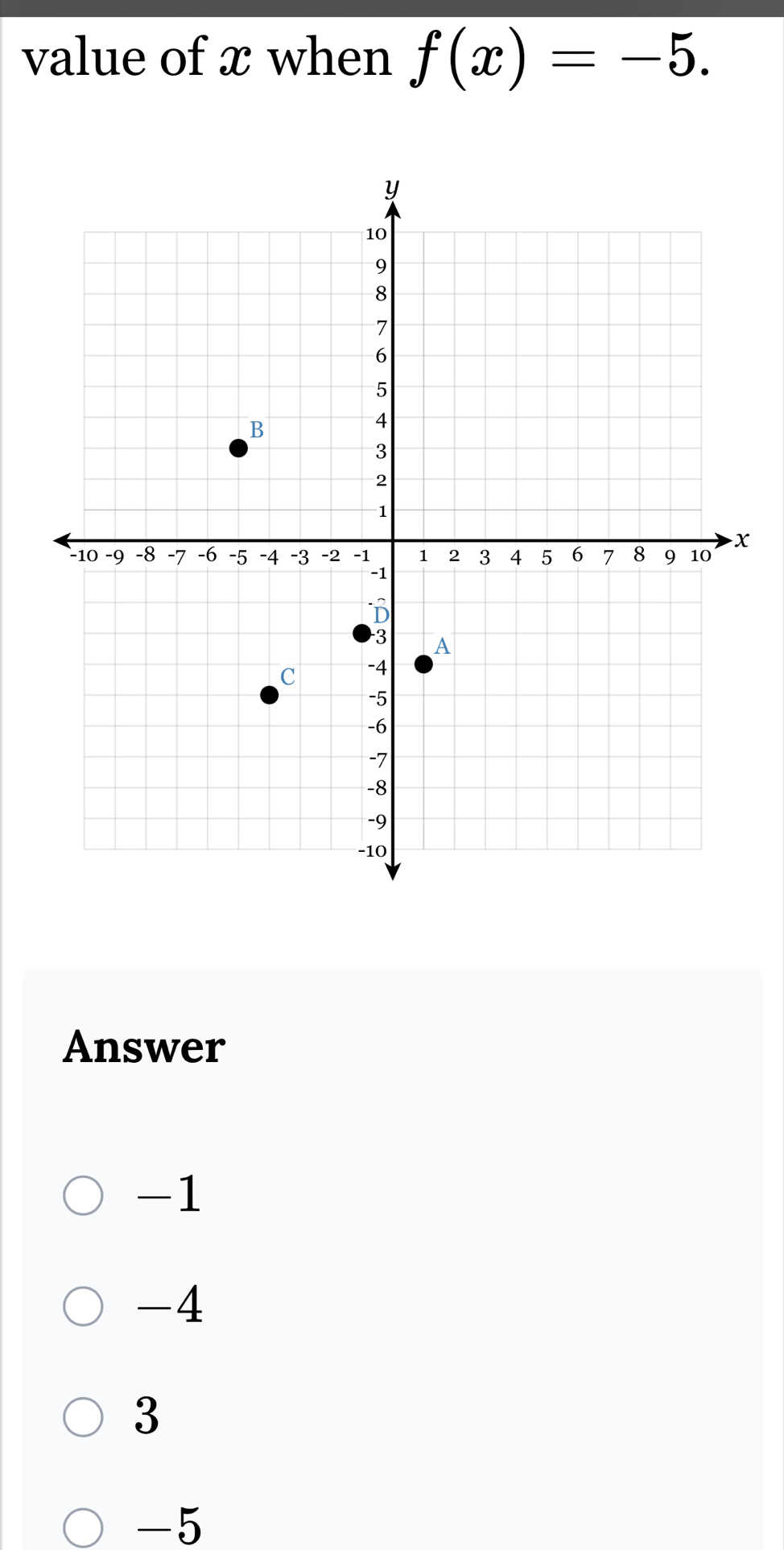 value of x when f(x)=-5. 
Answer
-1
-4
3
-5