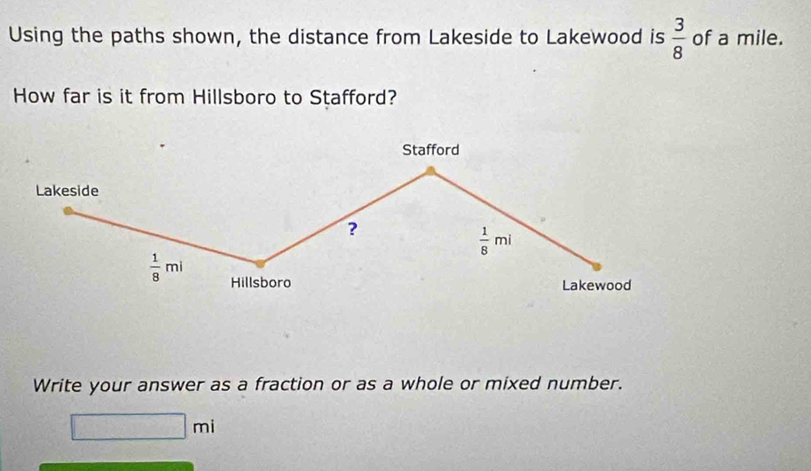 Using the paths shown, the distance from Lakeside to Lakewood is  3/8  of a mile.
How far is it from Hillsboro to Stafford?
Write your answer as a fraction or as a whole or mixed number.
□ mi