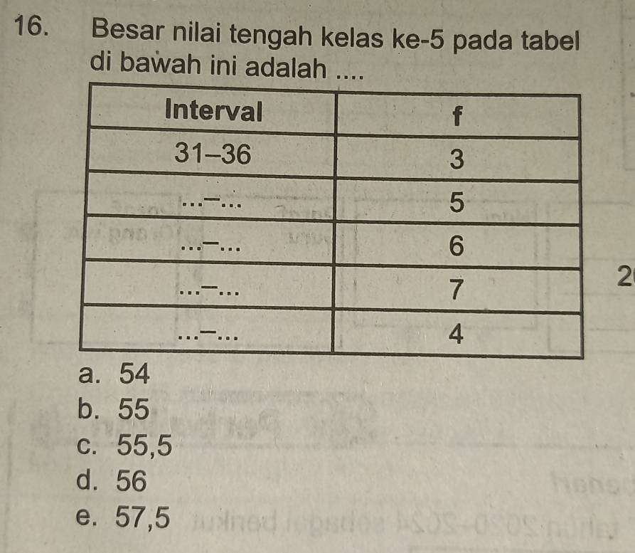 Besar nilai tengah kelas ke- 5 pada tabel
di bawah ini adalah ....
2
b. 55
c. 55,5
d. 56
e. 57,5