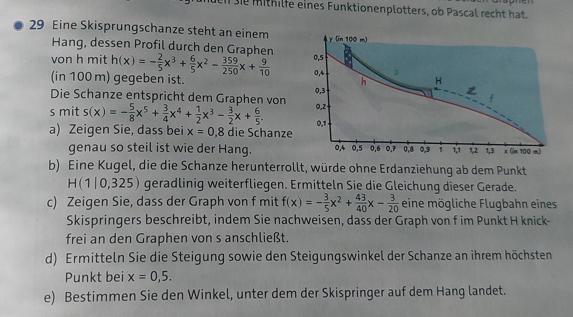 Se mithilfe eines Funktionenplotters, ob Pascal recht hat. 
29 Eine Skisprungschanze steht an einem 
Hang, dessen Profil durch den Graphen 
von h mit h(x)=- 2/5 x^3+ 6/5 x^2- 359/250 x+ 9/10 
(in 100 m) gegeben ist. 
Die Schanze entspricht dem Graphen von 
s mit s(x)=- 5/8 x^5+ 3/4 x^4+ 1/2 x^3- 3/2 x+ 6/5 . 
a) Zeigen Sie, dass bei x=0,8 die Schanze 
genau so steil ist wie der Hang. 
b) Eine Kugel, die die Schanze herunterrollt, würde ohne Erdanziehung ab dem Punkt
H(1 |0,325) geradlinig weiterfliegen. Ermitteln Sie die Gleichung dieser Gerade. 
c) Zeigen Sie, dass der Graph von f mit f(x)=- 3/5 x^2+ 43/40 x- 3/20  eine mögliche Flugbahn eines 
Skispringers beschreibt, indem Sie nachweisen, dass der Graph von f im Punkt H knick- 
frei an den Graphen von s anschließt. 
d) Ermitteln Sie die Steigung sowie den Steigungswinkel der Schanze an ihrem höchsten 
Punkt bei x=0,5. 
e) Bestimmen Sie den Winkel, unter dem der Skispringer auf dem Hang landet.