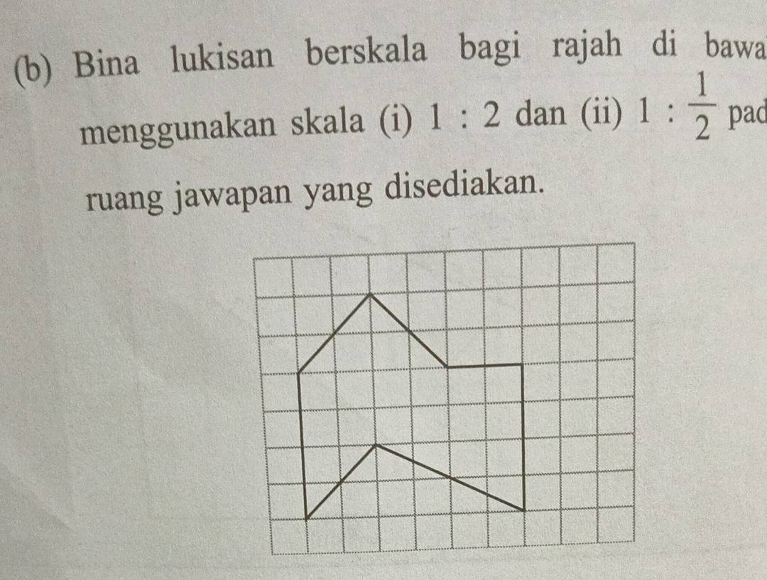 Bina lukisan berskala bagi rajah di bawa 
menggunakan skala (i) 1:2 dan (ii) 1: 1/2  pad 
ruang jawapan yang disediakan.