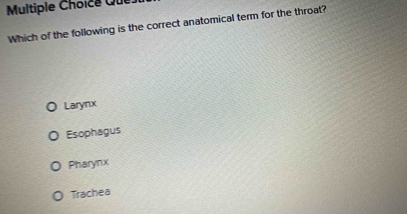 Que
Which of the following is the correct anatomical term for the throat?
Larynx
Esophagus
Pharynx
Trachea