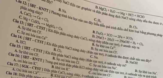 ad day?  Nay NaCl điện cực graphite và đ MgCl_2+H_2Oto Mg+HCl+HClO
Cầu 12:  SBT-KNTT B. Na
D.
phân nóng chây?
A.
C.
C H_2,
đều thu được ở  1
Câu 13: Mg+CuSO_4to MgSO_4+Cu CaCl_2to Ca+Cl_2 Phương trình hóa học nào sau đây biểu diễn quá trình điều chế kim loại bằng phương pháp
D. Cl_2.
A. Sự khử ion CF.
B.
C. Sự ơxi hỏa ion Ca^(2+).
D. 2NaCl+2H_2Oto 2NaOH+H_2+Cl_2. Fe_2O_3+3COto 2Fe+3CO_2
 SBT-CTST  Khi điện phân nóng chảy CaCl_2 hông chảy (điện cục trơ), ở anode xây ra
A. HCl.
B. Sự khứ ion Ca^(2+).
Cầu 14: |SBT - CTST | Khi điện phần NaCl nóng chảy (điện cực trợ), ở cathode thu được chất nào sau đây D. NaOH
B. Cl_2.
D. Sự oxi hỏa ion CT.
Câu 15: ( SBT - CTST ) Khi điện phần NaCl nông chảy (điện cực trợ), ở cathode xây ra7
A. Sự khử ion CF. B. Sự oxi hỏa ion Cl.
C. Na.
Câu 16:  SBT -KNTT) Trong quá trình B. khứ ion K^+.
A. oxi hóa ion K".
Câu 17:  SGK - A. Oxi hóa ion Ca°,
C. Sự oxi hỏa ion Na^+. D. Sự khử ion Na'.
1  phân KCl nóng chây với các đ C. oxi hôa ion Cl".
f |ST| Diện phân CaCl_2 nóng chây, ở cathode ri v
gc trợ, ở cathode xây ra quá trịnh
âu 18: Đ iện phân nó B. Khứ lon (
D khủ