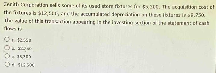 Zenith Corporation sells some of its used store fixtures for $5,300. The acquisition cost of
the fixtures is $12,500, and the accumulated depreciation on these fixtures is $9,750.
The value of this transaction appearing in the investing section of the statement of cash
flows is
a. $2,550
b. $2,750
c. $5,300
d. $12,500