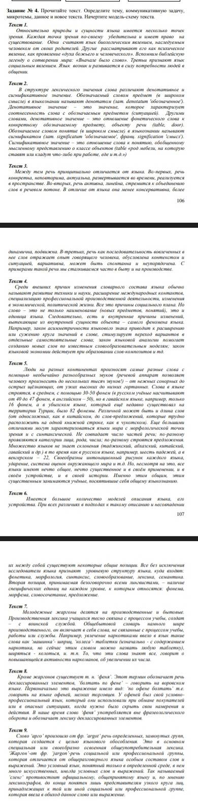 задание л 4. Прочнτайτе τекст. Определнτе τему, коммуннкаτнвнуюо задачу,
микротемы, данное и новое текета. Начерτητе молель-ехему текета
Tekcm I,
зрения. Кахсдая точка зрения по-своелу убедитетьнα и шлеет право на
κеловеκом ое свοих рοдителей. Другие рассиатриκаκт егο κаκ психиιеское
явление, κаκ проявление «ὸуха божьего и человеческого». Вспомним бυблейскуе
οбιφениu.
Tekcm 2.
Βструктуре лексического значения слова разлииают денотативное и
словами, денотативное значение - это отношение фонетического сΙова к
конкретному обозачаемому предмету, объекту речи (table, door).
snechetedy peoemantemno o xacese boheximos table « po0 weben, he Komopywo
cmавят илu κsadym «mo-suбο πρu paбome, ede u m.d.»)
Tekcm 3.
Μежὸу тем реь ηринμΝиагьно отлνιается оm языка, Βо-Νереώх, речь
κонкретна, κеΝовΜоримα, актуагьна, развертывается вΟ времени, реагизуется
в ηространстве. Βо-вторыς, речь актиεнα, дυκеῦнα, стремиΜся κ обτедυκенδα
106
нее слов отражкает опыт говоряшего чеговека, обусловлена контекстом и
Tekcm 4.
Среди внешιних ηршаιн изменения стоварного составα языка обωнό
в эκономическοй, πолитическοй эиэи. Все эта причиκω сοцμадьнοгο πлана, Нo
сΙово - эΜо не тольΚо наименование (новых предметов, Νонятий), эΜо и
вытекаюουфιе из внутренκей суυφности обτекта - самого феномена язика
Hαпример, закон асинметриιности языкового знака ηривδδиη κ расимрениκ
отÕетьные самостоятетьные сΙова; закои яΙыковой аназоΖии помогает
CозданWΟ новы сΙов пO UзвестΗым CΙовΟббPΑзоватетьным мΟÕеΙям; закоΗ
Tekcm 5.
Лιοδυ на разных κонтинентαх проигносят салые разные слова с
Νомιοιрыιο неοбыνаίнο рαзноδбрαтных зεуκов (реевοῦ αпπарат πозволяе»
человеку произносить до нескольких тысяч звуков!) - оM нежных сонорных до
острыιх ψΕлκаюиμς, οm узκих высоκιx δο низκиι гортанных. Стова в πльκι
emoa', ontie', naneena 190 de nen la ferccion pné na pasreprmaon
16 фонем, α ε убыхском языке, которшй εἰῦ κедавно суझествовал no
mepритории Турιμιиό быго 82 фолеиьы. Ρаглυιнοй можсет быеь и δлυна слов
εрения и с cuнтаксиιескοй. Нe совΝадает числο частeй речи; πο-разному
венлерском - 22, Сεоеοбраты интонαημοнный рисунок калрοго янька,
сεоῦм устрοῦстве, и в сεоеῦ истории. Нменно эим обним, эним
Киеется болышое колиιество  моделей описания ятыка, его
ycmpοῦстεа. Πрu всех раглνωνκх ε ποδτοδας κ таκому оπυсанνο и κесоεπαδенни
их межсὸу собοῦ суιествуюот некоторые обιфμе ποлιψи Все без иклοчения
мοрфемια, сrоsосoremanue, предrοжcенιe.
Morοдежсние мсαргοнιя детятся κα прουзεοбстεенныιε и бытовωе.
ηроUзвоÒственΝогδ, ΟΗ вклюает в себя слова, пе связанΠые с прочессΟм учебы,
рабοты ши службы. Например, увлечение наркотиками ввегο в ялиκ такие
слова κаκ ‘машιинκа'- шηриή ‘κолеса'- таблетки (иΜачальнό - с соδержсанιех
Tekcm 8.
говορить κа яллκе офенεй, мелκих торговиев. У офенεй быг свοῦ условно-
deücmeus. Β κaιе εpеμιя слοεα 'φеυя" ynampебгπemcя εnе фρазеологυνесκогο
оборота и оболачает лексиκу деклассированннх лементов
Tekcm 9.
Сιовο ‘αρгο' ηρουзοшκο σm φp. 'argot' pеss onределенньих, замνнутых груnθ,
κоторαн созδается с нелδо ππнковогο обособлеπ Эπо в основнол
κоторαя оΜTΙается оM общераэговорного язшка особыи составΟм сΙOв и
вsраэсенuû. Imo услοвный πлиκ, πонятний тοльκο ε опρеделенποû сpeõe, e neu
κoтoрαя εεелα ε οбиποδ данnοе cro60 иπυ ειражcеnue