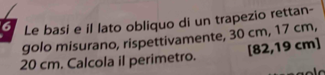 Le basi e il lato obliquo di un trapezio rettan- 
golo misurano, rispettivamente, 30 cm, 17 cm,
[82,19 cm ]
20 cm. Calcola il perimetro.