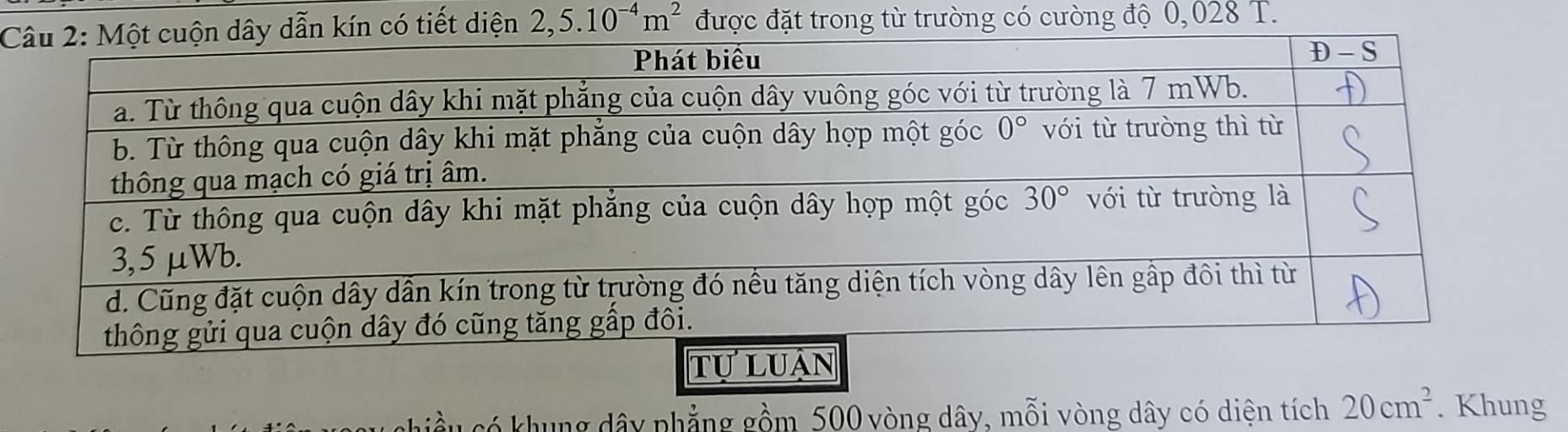 có tiết diện 2,5.10^(-4)m^2 được đặt trong từ trường có cường độ 0,028 T.
hiầu có khung dây phẳng gồm 500 vòng dây, mỗi vòng dây có diện tích 20cm^2. Khung