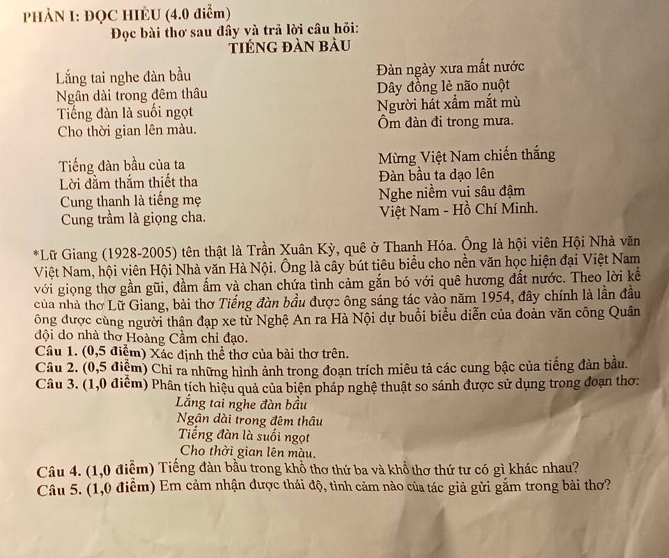 PHÀN I: ĐQC HIÈU (4.0 điểm)
Đọc bài thơ sau đây và trả lời câu hỏi:
tiénG đàn bàu
Lắng tai nghe đàn bầu Đàn ngày xưa mất nước
Ngân dài trong đêm thâu ây đồng lẻ não nuột
Tiếng đàn là suối ngọt Người hát xầm mắt mù
Cho thời gian lên màu. Ôm đàn đi trong mưa.
Tiếng đàn bầu của ta Mừng Việt Nam chiến thắng
Lời đằm thắm thiết tha Đàn bầu ta dạo lên
Cung thanh là tiếng mẹ Nghe niềm vui sâu đậm
Cung trầm là giọng cha.  Việt Nam - Hồ Chí Minh.
*Lữ Giang (1928-2005) tên thật là Trần Xuân Kỳ, quê ở Thanh Hóa. Ông là hội viên Hội Nhà văn
Việt Nam, hội viên Hội Nhà văn Hà Nội. Ông là cây bút tiêu biểu cho nền văn học hiện đại Việt Nam
với giọng thơ gần gũi, đầm ấm và chan chứa tình cảm gắn bó với quê hương đất nước. Theo lời kể
của nhà thơ Lữ Giang, bài thơ Tiếng đàn bầu được ông sáng tác vào năm 1954, đây chính là lần đầu
ông được cùng người thân đạp xe từ Nghệ An ra Hà Nội dự buổi biểu diễn của đoàn văn công Quân
đội do nhà thơ Hoàng Cầm chi đạo.
Câu 1. (0,5 điểm) Xác định thể thơ của bài thơ trên.
Câu 2. (0,5 điệm) Chi ra những hình ảnh trong đoạn trích miêu tả các cung bậc của tiếng đàn bầu.
Câu 3. (1,0 điểm) Phân tích hiệu quả của biện pháp nghệ thuật so sánh được sử dụng trong đoạn thơ:
Lắng tai nghe đàn bầu
Ngân dài trong đêm thâu
Tiếng đàn là suối ngọt
Cho thời gian lên màu.
Câu 4. (1,0 điểm) Tiếng đàn bầu trong khổ thơ thứ ba và khổ thơ thứ tư có gì khác nhau?
Câu 5. (1,0 điểm) Em cảm nhận được thái độ, tình cảm nào của tác giả gửi gắm trong bài thơ?