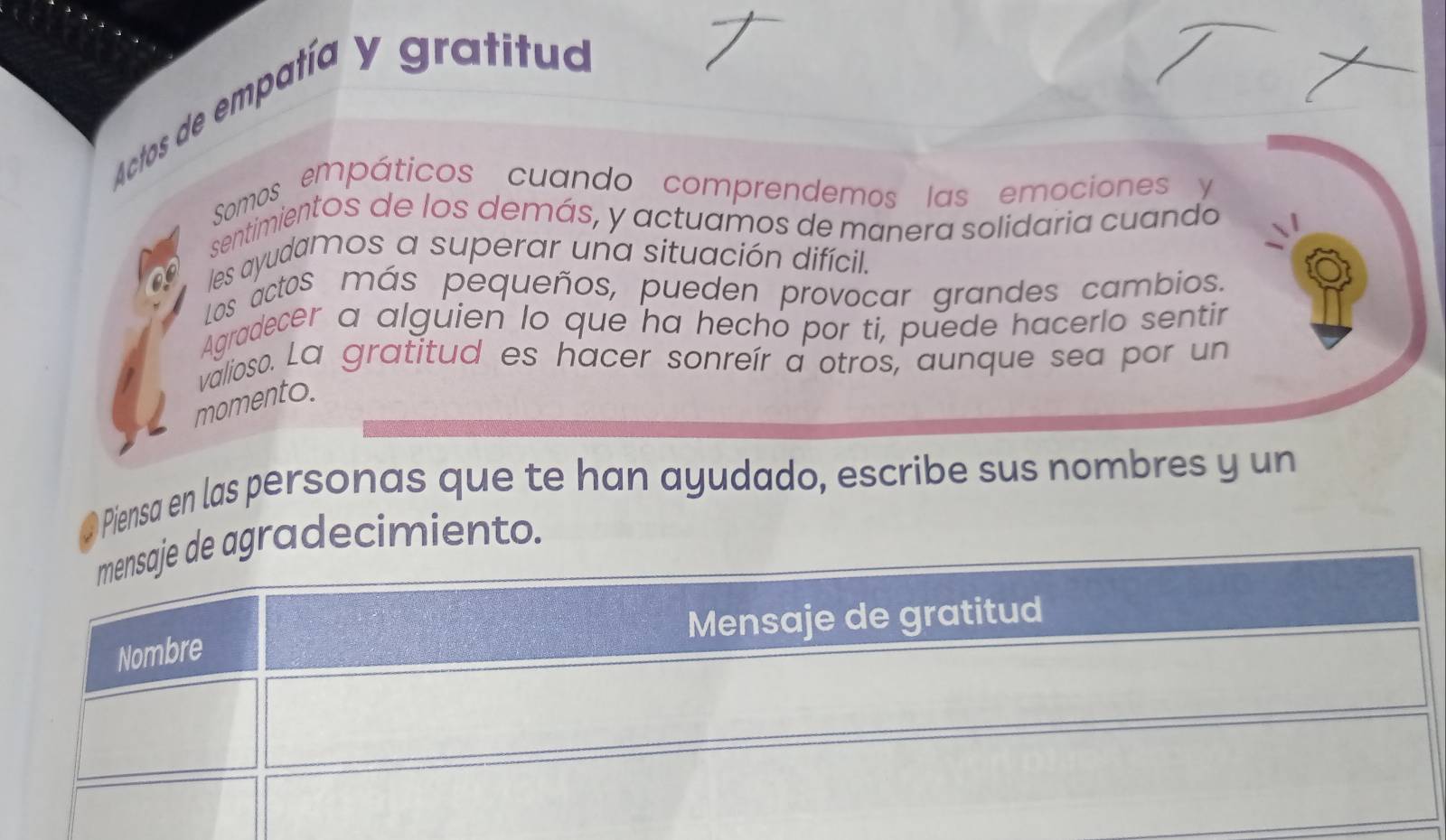 Actos de empatía y gratituad 
Somos empáticos cuando comprendemos las emociones y 
sentimientos de los demás, y actuamos de manera solidaria cuando 
les ayudamos a superar una situación difícil. 
Los actos más pequeños, pueden provocar grandes cambios. 
Agradecer a alguien lo que ha hecho por ti, puede hacerlo sentir 
valioso. La gratitud es hacer sonreír a otros, aunque sea por un 
momento. 
Piensa en las personas que te han ayudado, escribe sus nombres y un 
agradecimiento.