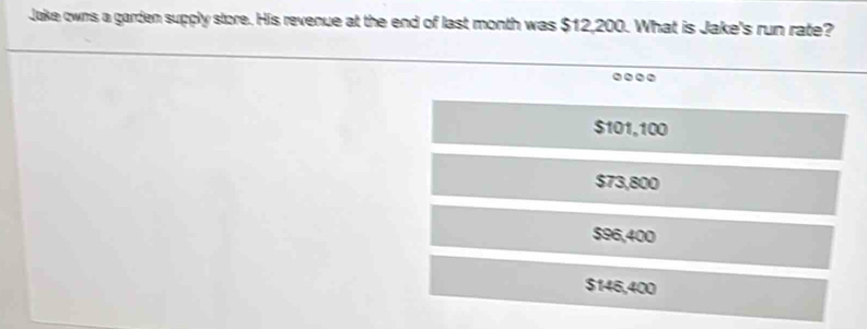 Jake owns a garden supply store. His revenue at the end of last month was $12,200. What is Jake's run rate?
....
$101,100
$73,800
$96,400
$146,400