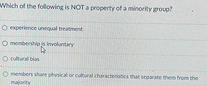 Which of the following is NOT a property of a minority group?
experience unequal treatment
membership is involuntary
cultural bias
members share physical or cultural characteristics that separate them from the
majority