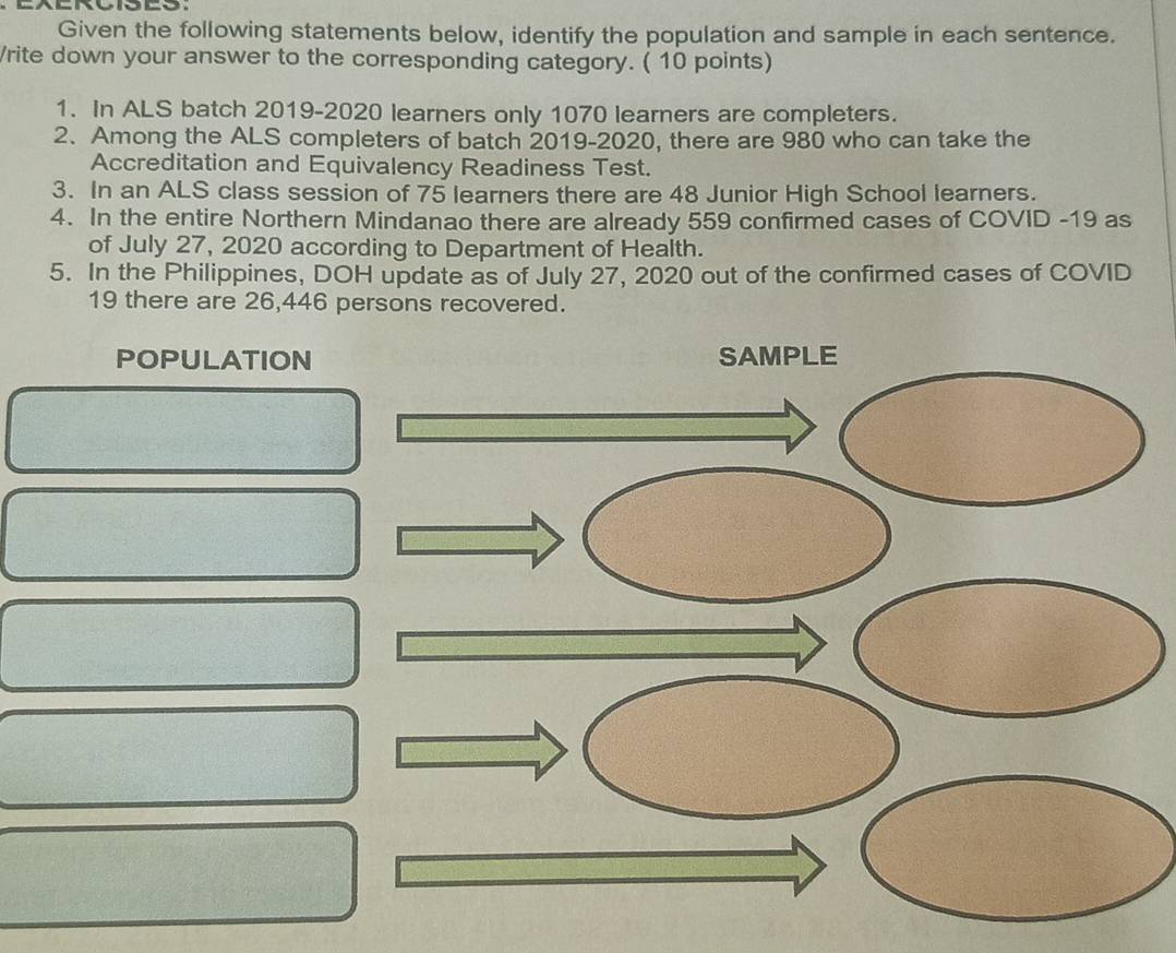 XERCISES. 
Given the following statements below, identify the population and sample in each sentence. 
/rite down your answer to the corresponding category. ( 10 points) 
1. In ALS batch 2019-2020 learners only 1070 learners are completers. 
2. Among the ALS completers of batch 2019-2020, there are 980 who can take the 
Accreditation and Equivalency Readiness Test. 
3. In an ALS class session of 75 learners there are 48 Junior High School learners. 
4. In the entire Northern Mindanao there are already 559 confirmed cases of COVID - 19 as 
of July 27, 2020 according to Department of Health. 
5. In the Philippines, DOH update as of July 27, 2020 out of the confirmed cases of COVID
19 there are 26,446 persons recovered. 
POPULATION