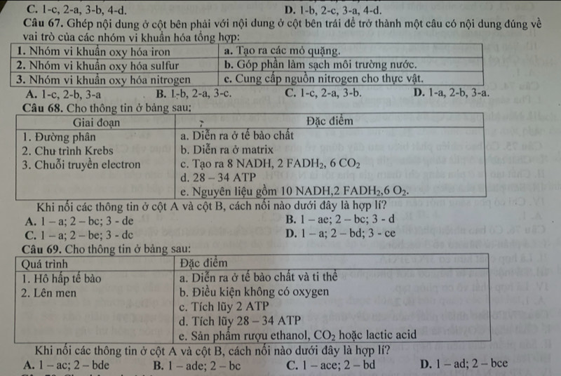 C. 1-c, 2-a, 3-b, 4-d. D. 1-b, 2-c, 3 -3, 1-d
Câu 67. Ghép nội dung ở cột bên phải với nội dung ở cột bên trái đề trở thành một câu có nội dung đúng về
vai trò của các nhóm vi khuần hóa tổng hợp:
A. 1-c, 2-b, 3-a B. l-b, 2-a, 3-c. C. 1-c, 2-a, 3-b. D. 1-a, 2-b, 3-a.
Câu 68. Cho thông tin ở bảng sau:
Khi nối các thông tin ở cột A và cột B, cách nối nào dưới đây là hợp lí?
A. 1 - a; 2 - bc; 3 - de B. 1-ae;2-bc;3-d
D.
C. 1 - a; 2 - be; 3 - dc 1-a;2-bd;3-ce
Khi nối các thông tin ở cột A và cột B, cách nối nào dưới đây là hợp lí?
A. 1 - ac; 2 - bde B. 1 - ade; 2-bc C. -ace;2-bd D. 1-ad;2-bce