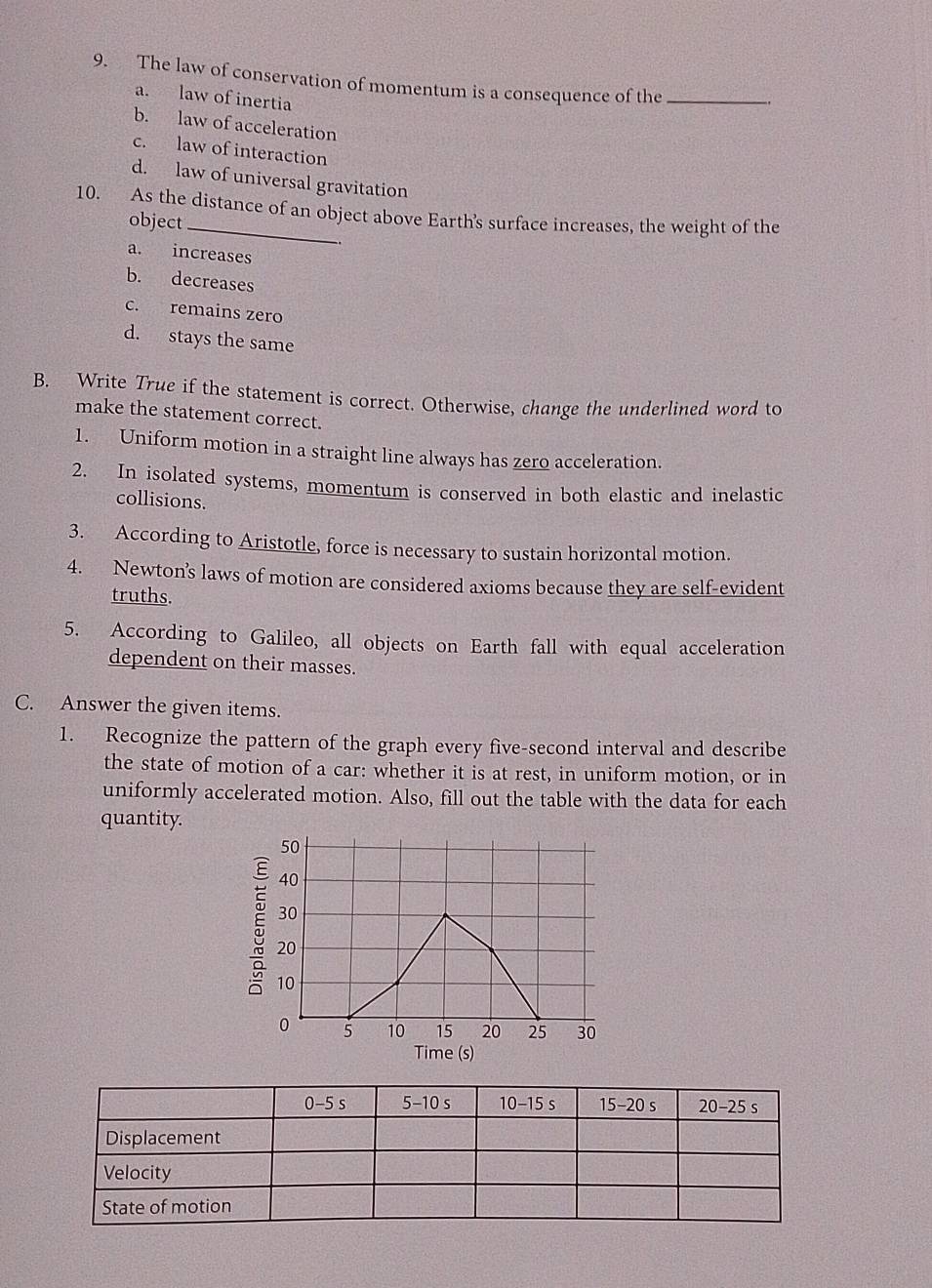 The law of conservation of momentum is a consequence of the_
a. law of inertia
b. law of acceleration
c. law of interaction
d. law of universal gravitation
10. As the distance of an object above Earth's surface increases, the weight of the
object
-.
a. increases
b. decreases
c. remains zero
d. stays the same
B. Write True if the statement is correct. Otherwise, change the underlined word to
make the statement correct.
1. Uniform motion in a straight line always has zero acceleration.
2. In isolated systems, momentum is conserved in both elastic and inelastic
collisions.
3. According to Aristotle, force is necessary to sustain horizontal motion.
4. Newton’s laws of motion are considered axioms because they are self-evident
truths.
5. According to Galileo, all objects on Earth fall with equal acceleration
dependent on their masses.
C. Answer the given items.
1. Recognize the pattern of the graph every five-second interval and describe
the state of motion of a car: whether it is at rest, in uniform motion, or in
uniformly accelerated motion. Also, fill out the table with the data for each
quantity.