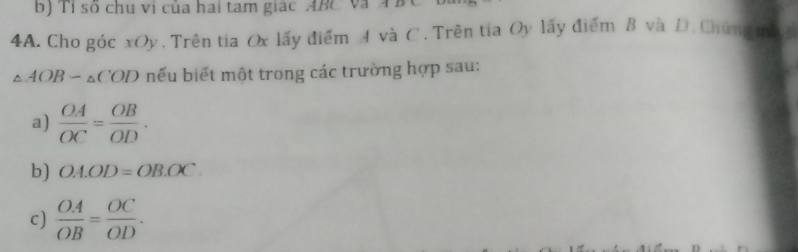 bị Tỉ số chu vị của hai tam giác ABC và ÁB
4A. Cho góc xOy. Trên tia Ox lấy điểm 4 và C. Trên tia Oy lấy điểm B và D. Chứng mi
△ AOB-△ COD nếu biết một trong các trường hợp sau: 
a)  OA/OC = OB/OD . 
b) OA.OD=OB.OC. 
c)  OA/OB = OC/OD .