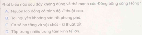 Phát biểu nào sau đây không đúng về thế mạnh của Đồng bằng sông Hồng?
A. Nguồn lao động có trình độ kĩ thuật cao.
B. Tài nguyên khoáng sản rất phong phú.
C. Cơ sở hạ tầng và vật chất - kĩ thuật tốt.
D. Tập trung nhiều trung tâm kinh tế lớn.