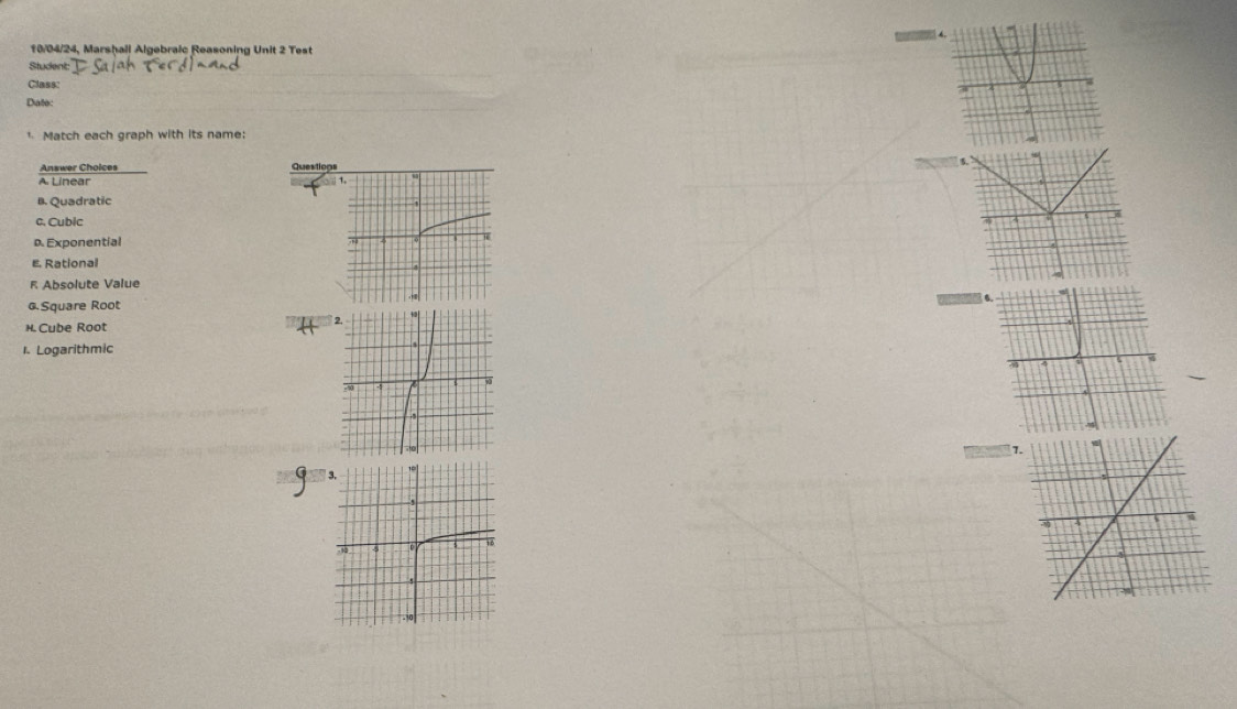 10/04/24, Marshall Algebraic Reasoning Unit 2 Test
Student:
Class:
Dato:
1 Match each graph with its name:
Answer Choices Questiogs
A. Linear
B. Quadratic
c. Cubic
D. Exponential
E Rational
F Absolute Value
G Square Root
H Cube Root

1. Logarithmic