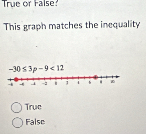 True or False?
This graph matches the inequality
-30≤ 3p-9<12</tex>
True
False