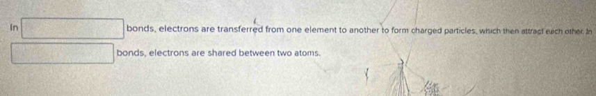 In f(x) bo s, electrons are transferred from one element to another to form charged particles, which then attract each other. In 
bonds, electrons are shared between two atoms.