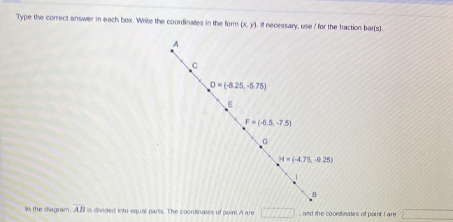 Type the correct answer in each box. Write the coordinates in the form (x,y) If necessary, use / for the fraction I 13 (s).
In the diagram, overline AB is divided into equal parts. The coordinates of point A are □ □ □ □ □ □ , and the coordinates of point I are -(f^d)+(f(f+d)