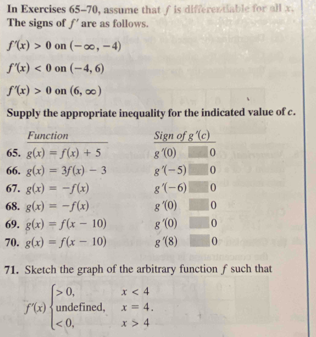 In Exercises 65-70, assume that f is differentiable for all x.
The signs of f' are as follows.
f'(x)>0 on (-∈fty ,-4)
f'(x)<0</tex> on (-4,6)
f'(x)>0 on (6,∈fty )
Supply the appropriate inequality for the indicated value of c.
Function 
65. g(x)=f(x)+5
66. g(x)=3f(x)-3
67. g(x)=-f(x)
68. g(x)=-f(x)
69. g(x)=f(x-10)
70. g(x)=f(x-10)
71. Sketch the graph of the arbitrary function f such that
f'(x)beginarrayl >0,x<4 undefined,x=4. <0,x>4endarray.