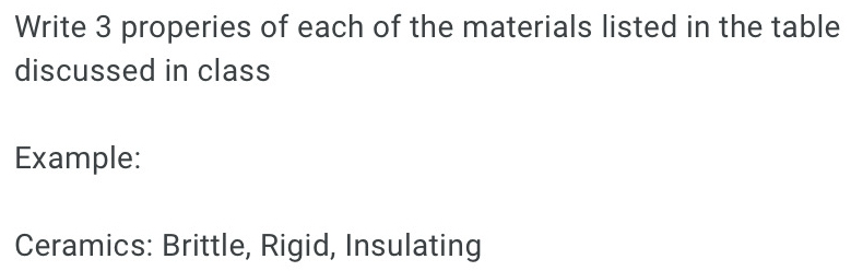 Write 3 properies of each of the materials listed in the table 
discussed in class 
Example: 
Ceramics: Brittle, Rigid, Insulating