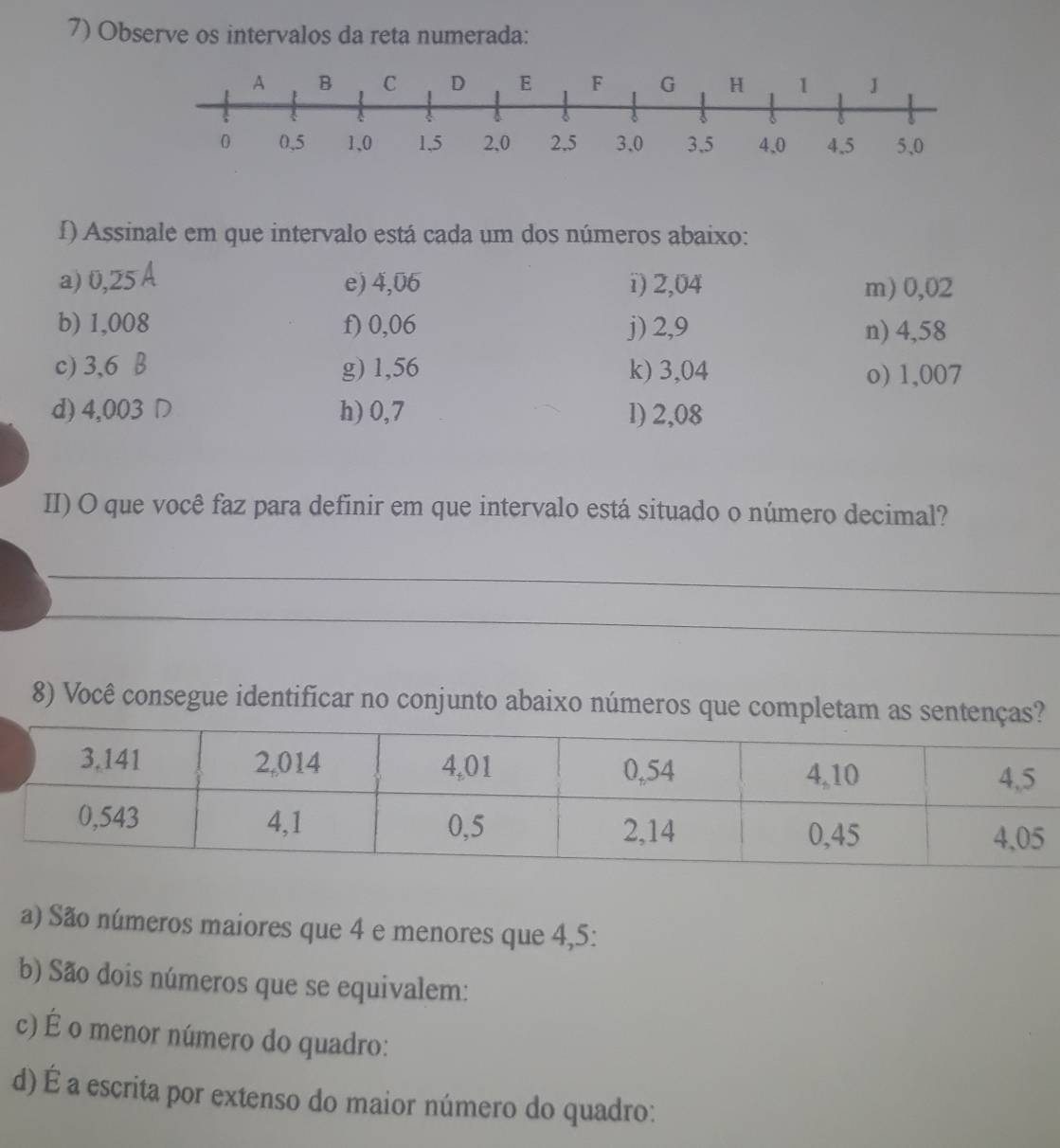 Observe os intervalos da reta numerada: 
I) Assinale em que intervalo está cada um dos números abaixo: 
a) 0,25 A e) 4,06 i) 2,04 m) 0,02
b) 1,008 f) 0,06 j) 2,9 n) 4,58
c) 3,6 β g) 1,56 k) 3,04 o) 1,007
d) 4,003 D h) 0,7 1) 2,08
II) O que você faz para definir em que intervalo está situado o número decimal? 
_ 
_ 
_ 
_ 
8) Você consegue identificar no conjunto abaixo números que completam as sentenças? 
a) São números maiores que 4 e menores que 4,5 : 
b) São dois números que se equivalem: 
c) É o menor número do quadro: 
d) É a escrita por extenso do maior número do quadro: