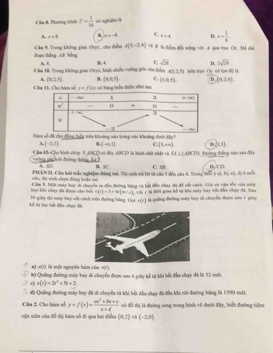 Phương trình 2^x= 1/16  có nghiệm là
B. x=-4, C.
A. x=8. x=4 D. x= 1/8 .
Câu 9. Trong không gian Oyz , cho điểm A(5,-2;4) và B là điểm đổi xứng với A qua trục Oz . Độ dài
đoạn thắng AB bằng
A. 8. B. 4. C. sqrt(29). D. 2sqrt(29).
Câu 10. Trong không gian Oxyz, hình chiếu vuỡng góc của điểm A(1;2;5) trên trục Oy có tọa độ là
A. (0;2;5). B. (0;0;5). C. (1;0;5). D. (0;2;0).
Câu 11. Cho hàm số y=f(x) có bàng biển thiên như sau
Hàm số đã cho đồng biển trên khoảng nào trong các khoảng dưới đây?
A. (-2;2). B. (-∈fty ;1). C. (3,+∈fty ). D. (1;3).
Cậu 12. Cho hình chóp S.ABCD có đây ABCD là hình chữ nhật và SA⊥ (ABCD) 1. Đường thẳng nào sau đây
vuông guc với đường thăng S49
A. SD. B. SC. C. SB. D, CD.
PHÀN II. Câu hỏi trắc nghiệm đúng sai. Thí sinh trả lời từ câu 1 đến câu 4. Trong mỗi ý a), b), c), d) ở mỗi
câu, thí sinh chọn đúng hoặc sai.
Câu 1. Một máy bay di chuyển ra đến đường băng và bắt đầu chạy đà để cất cánh. Giả sử vận tốc của máy
bay khi chạy đà được cho bởi v(t)=5+4t(m/s) , với # là thời gian kể từ khi máy bay bắt đầu chạy đà. Sau
30 giây thì máy bay cất cánh trên đường băng. Gọi s(t) * là quãng đường máy bay di chuyển được sau ự giây
kể từ lúc bắt đầu chạy đà.
a) s(t) là một nguyên hàm của v(t).
b) Quãng đường máy bay di chuyển được sau 4 giây kể từ khi bắt đầu chạy đà là 52 mét.
c) s(t)=2t^2+5t+2.
d) Quãng đường máy bay đã di chuyển từ khi bắt đầu chạy đà đến khi rời đường băng là 1590 mét.
Câu 2. Cho hàm số y=f(x)= (ax^2+bx+c)/x+d  có đồ thị là đường cong trong hình vẽ dưới đây, biết đường tiệm
cận xiên của đồ thị hàm số đi qua hai điểm (0;2) và (-2;0).