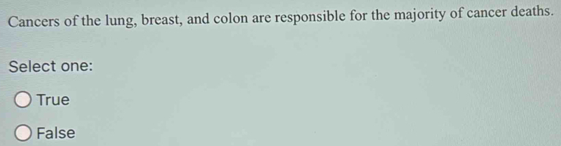 Cancers of the lung, breast, and colon are responsible for the majority of cancer deaths.
Select one:
True
False