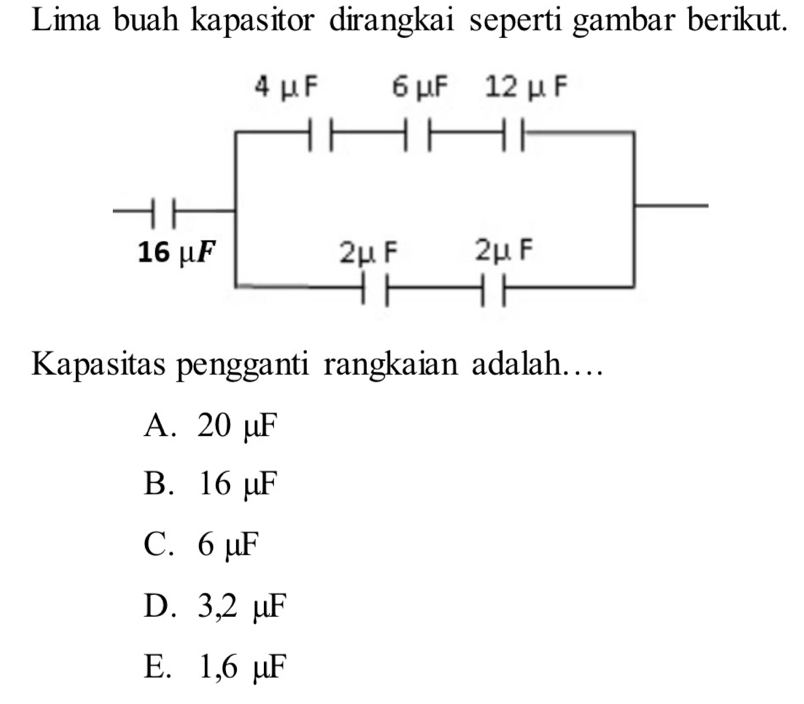 Lima buah kapasitor dirangkai seperti gambar berikut.
Kapasitas pengganti rangkaian adalah……
A. 20 µF
B. 16 µF
C. 6 μF
D. 3,2 µF
E. 1,6 μF