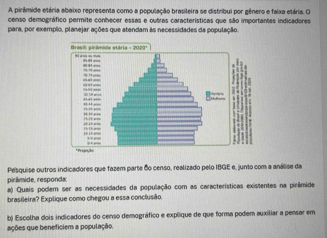 A pirâmide etária abaixo representa como a população brasileira se distribui por gênero e faixa etária. O
censo demográfico permite conhecer essas e outras características que são importantes indicadores
para, por exemplo, planejar ações que atendam às necessidades da população.
Pesquise outros indicadores que fazem parte ão censo, realizado pelo IBGE e, junto com a análise da
pirâmide, responda:
a) Quais podem ser as necessidades da população com as características existentes na pirâmide
brasileira? Explique como chegou a essa conclusão.
b) Escolha dois indicadores do censo demográfico e explique de que forma podem auxiliar a pensar em
ações que beneficiem a população.