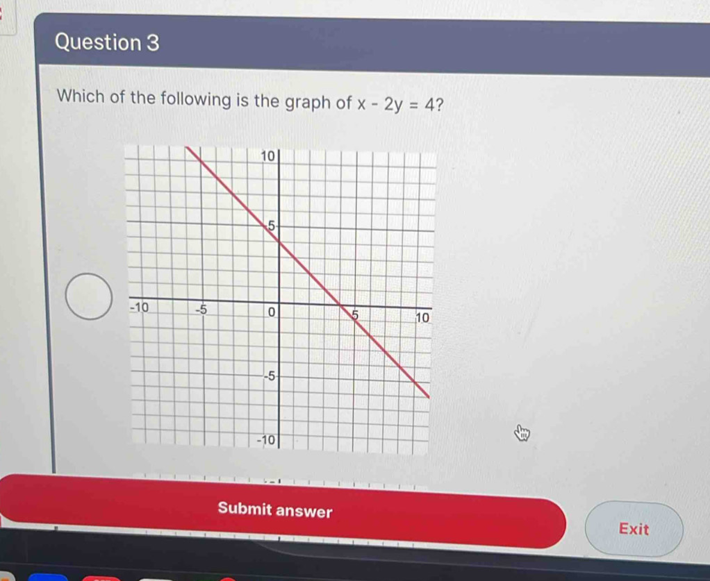 Which of the following is the graph of x-2y=4
Submit answer 
Exit