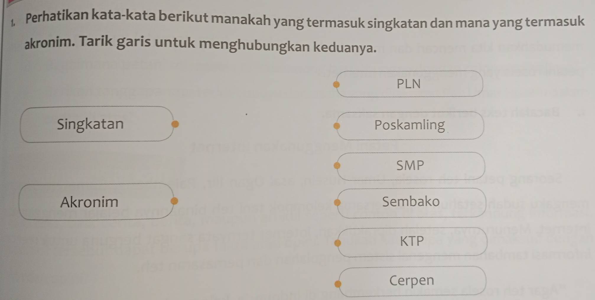 Perhatikan kata-kata berikut manakah yang termasuk singkatan dan mana yang termasuk
akronim. Tarik garis untuk menghubungkan keduanya.
PLN
Singkatan Poskamling
SMP
Akronim Sembako
KTP
Cerpen