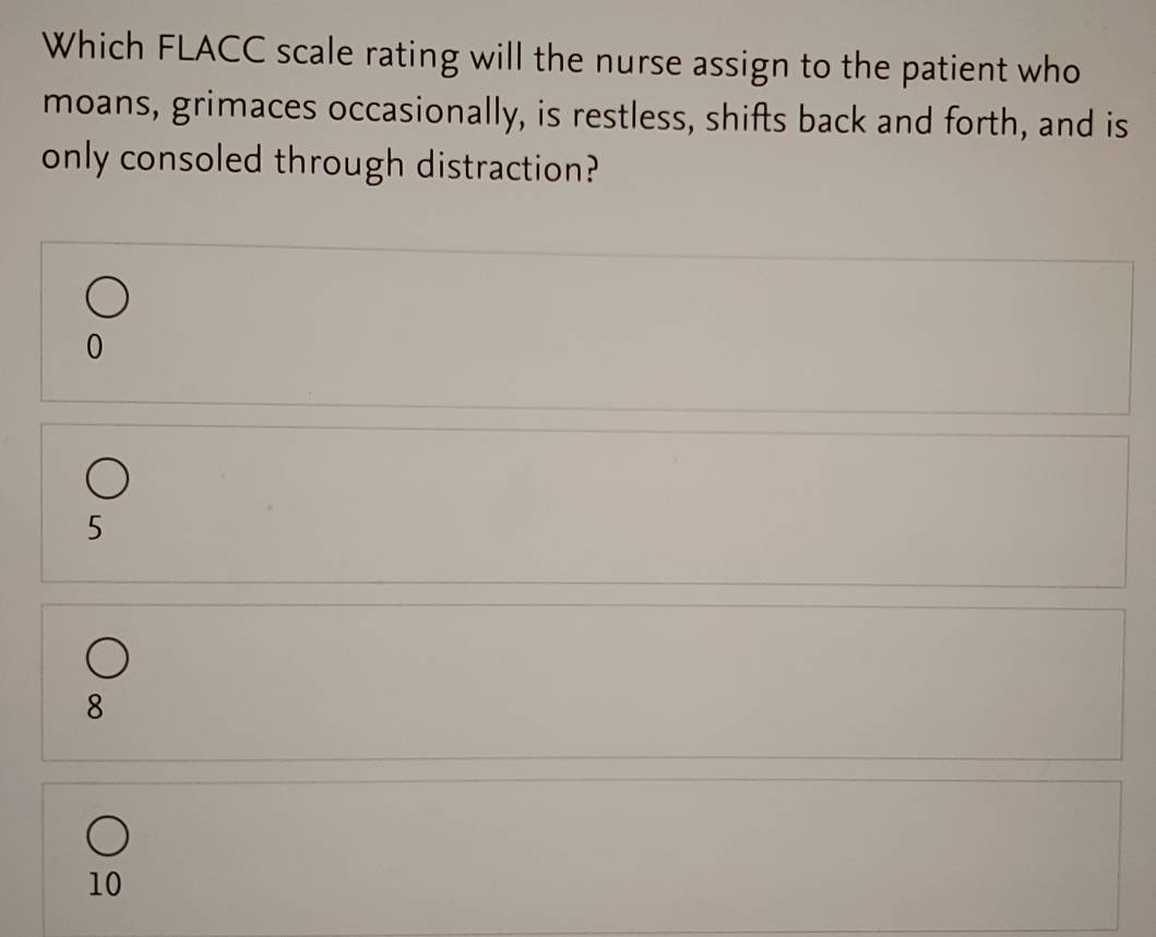 Solved: Which FLACC scale rating will the nurse assign to the patient ...