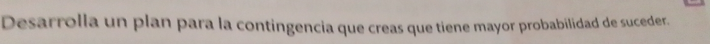 Desarrolla un plan para la contingencia que creas que tiene mayor probabilidad de suceder.