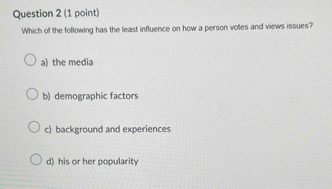 Which of the following has the least influence on how a person votes and views issues?
a) the media
b) demographic factors
c) background and experiences
d) his or her popularity